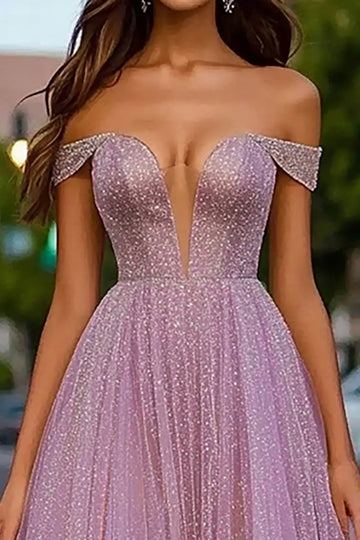 Dusty Rose Glitter Off the Shoulder A-linje lang ballkjole
